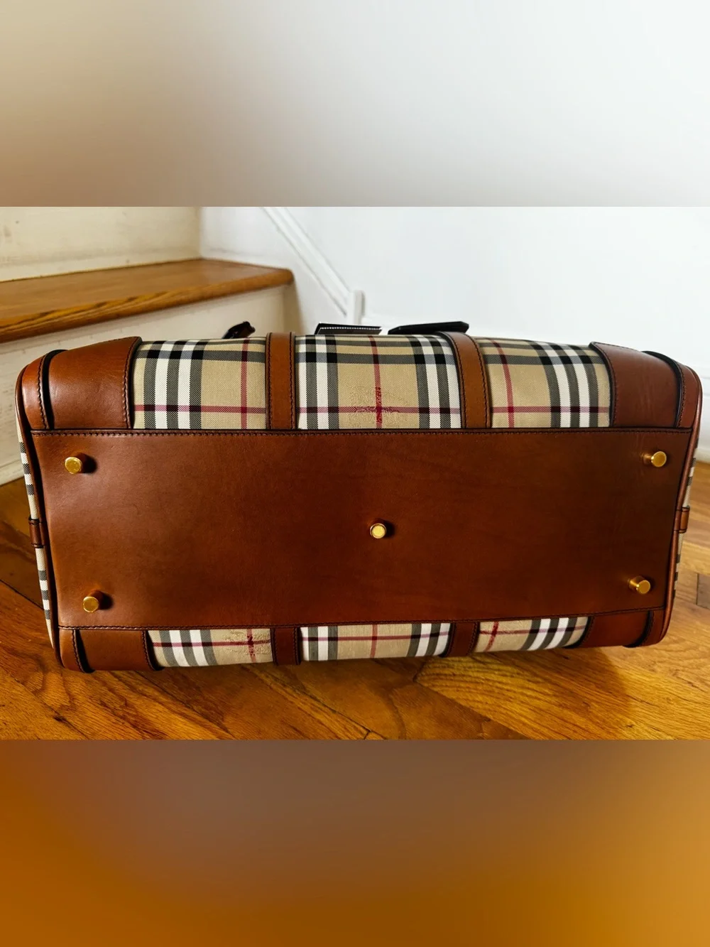 Burberry Beige Vintage Check Large Duffel with Brown Leather Trim